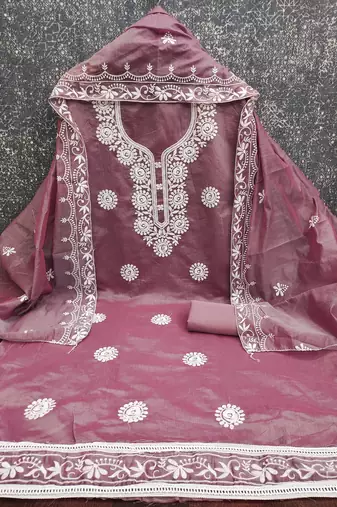 lavender embroidered chanderi unstitched dress material 