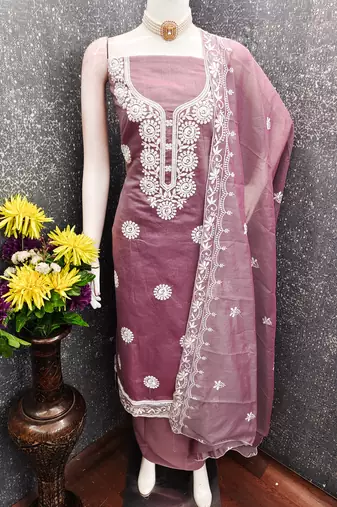 lavender embroidered chanderi unstitched dress material 