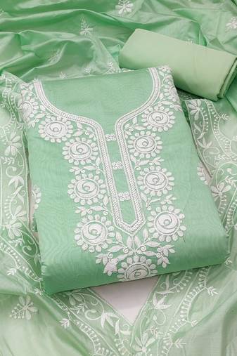 yellow embroidered chanderi unstitched dress material 