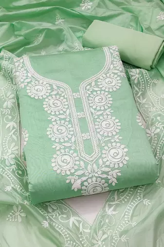 yellow embroidered chanderi unstitched dress material 