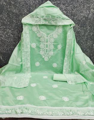 yellow embroidered chanderi unstitched dress material  2