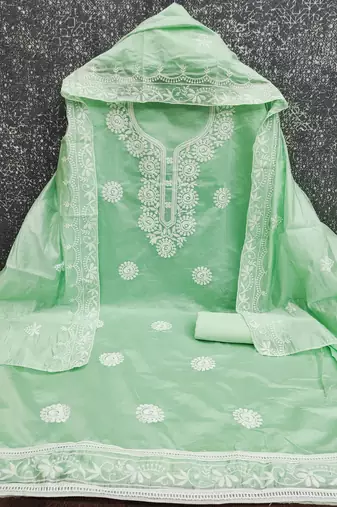yellow embroidered chanderi unstitched dress material 