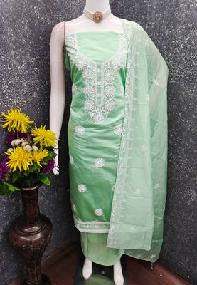 yellow embroidered chanderi unstitched dress material  3