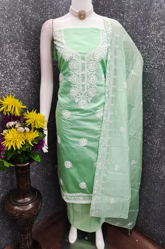 yellow embroidered chanderi unstitched dress material 