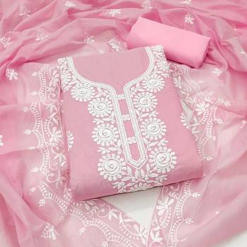pink embroidered chanderi unstitched dress material  1