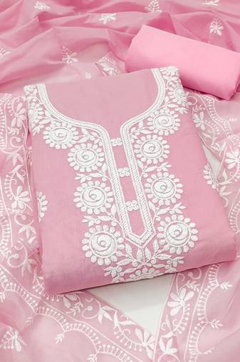 pink embroidered chanderi unstitched dress material 