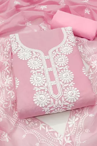 pink embroidered chanderi unstitched dress material 
