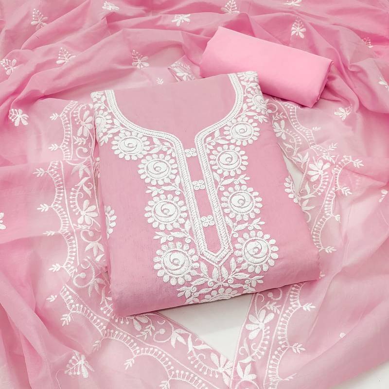 pink embroidered chanderi unstitched dress material 
