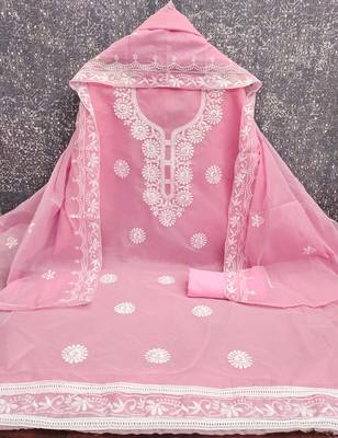 pink embroidered chanderi unstitched dress material  2