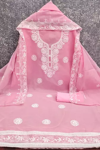 pink embroidered chanderi unstitched dress material 