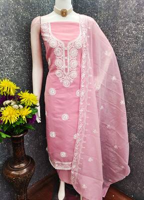 pink embroidered chanderi unstitched dress material  3