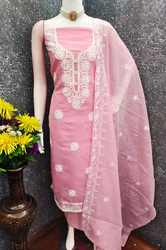 pink embroidered chanderi unstitched dress material 