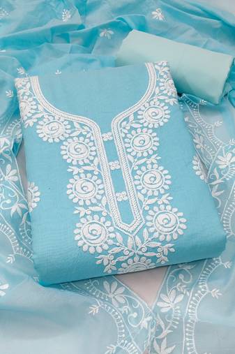 sky blue embroidered chanderi unstitched dress material 