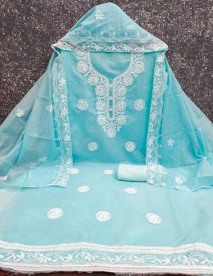 sky blue embroidered chanderi unstitched dress material  2