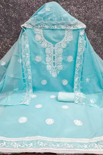 sky blue embroidered chanderi unstitched dress material 