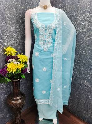 sky blue embroidered chanderi unstitched dress material  3