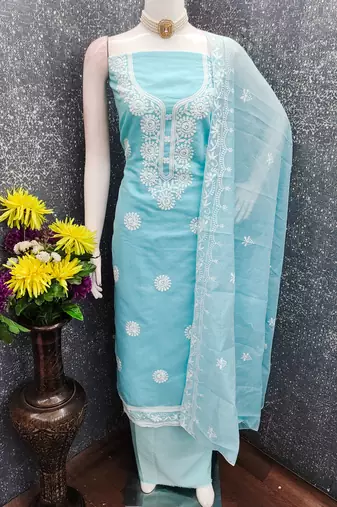 sky blue embroidered chanderi unstitched dress material 