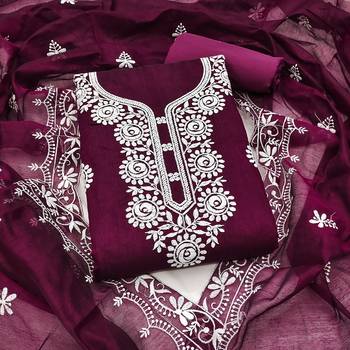 wine embroidered chanderi unstitched dress material  1