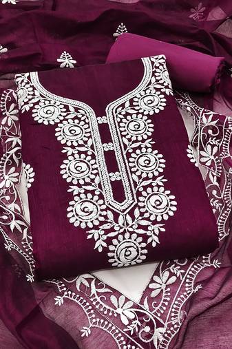 wine embroidered chanderi unstitched dress material 