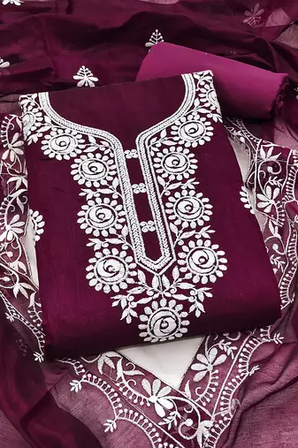 wine embroidered chanderi unstitched dress material 