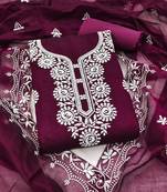 wine embroidered chanderi unstitched dress material 