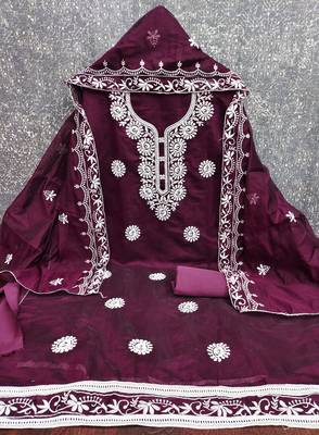 wine embroidered chanderi unstitched dress material  2