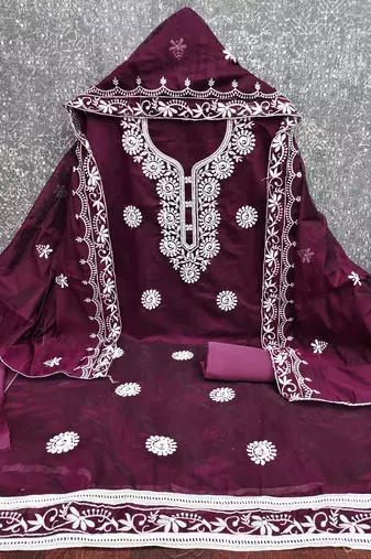 wine embroidered chanderi unstitched dress material 