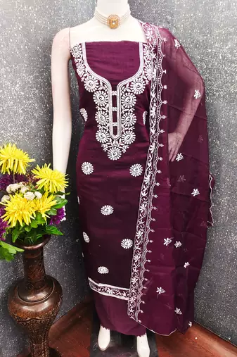wine embroidered chanderi unstitched dress material 