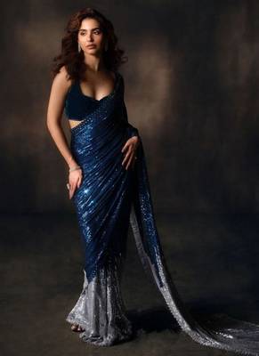 Navy blue heavy georgette sequins embroidered saree with cutwork lace border & silk blouse 1