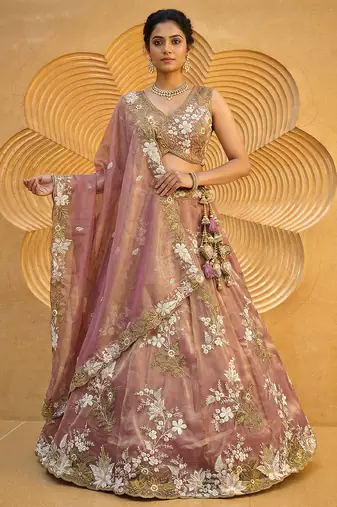 Women's Rosegold Tissue beads sequince Embroidered Lehenga Choli with Dupatta