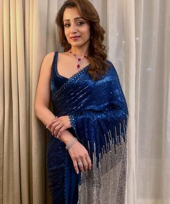 Navy blue heavy georgette sequins embroidered saree with cutwork lace border & silk blouse 4