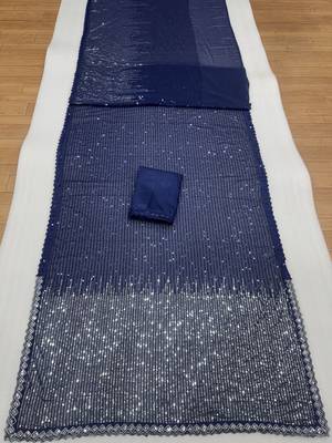 Navy blue heavy georgette sequins embroidered saree with cutwork lace border & silk blouse 5