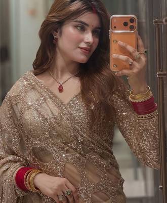 Champagne gold butterfly net heavy sequins embroidered saree with embroidered blouse 2