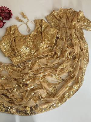 Champagne gold butterfly net heavy sequins embroidered saree with embroidered blouse 5
