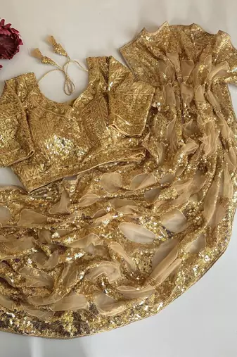 Champagne gold butterfly net heavy sequins embroidered saree with embroidered blouse