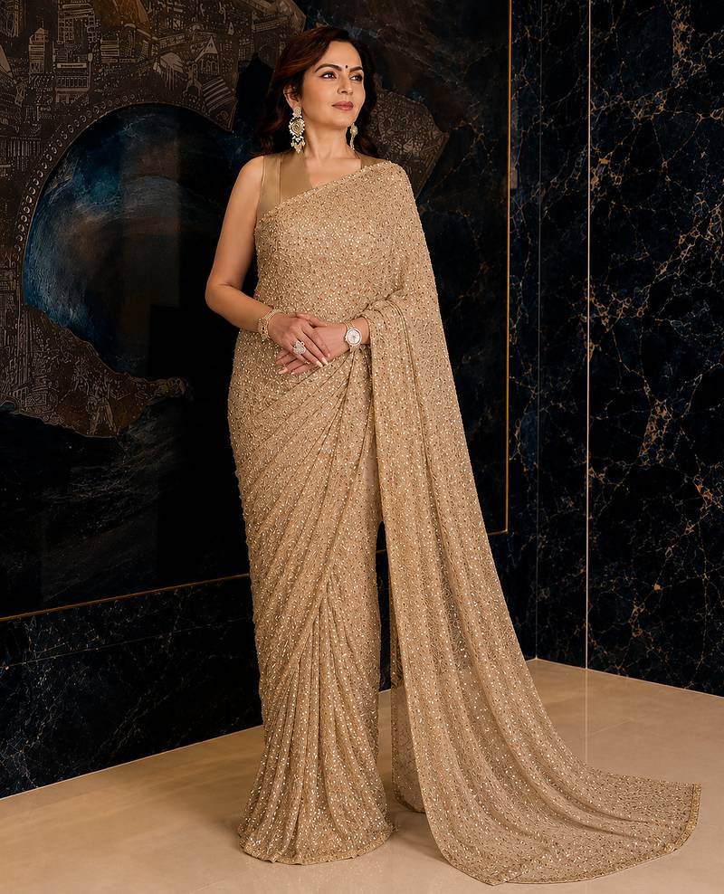 Champagne gold sequins embroidered party wear saree with matching blouse