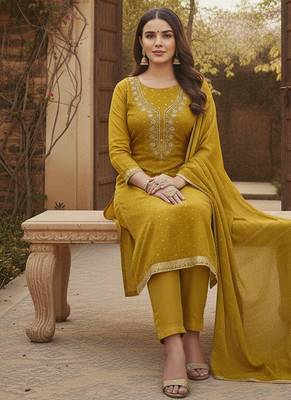 yellow weaved chanderi modal unstitched dress material  2