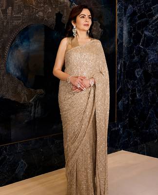 Champagne gold sequins embroidered party wear saree with matching blouse 2