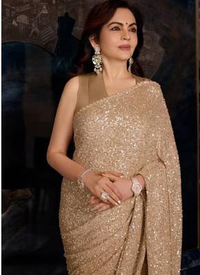 Champagne gold sequins embroidered party wear saree with matching blouse 3