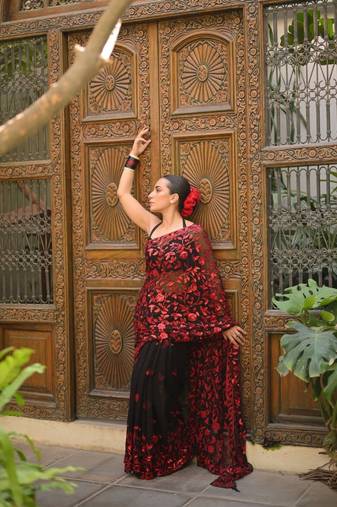 Black & red faux georgette floral sequins embroidered saree with mono silk blouse