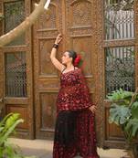 Black & red faux georgette floral sequins embroidered saree with mono silk blouse