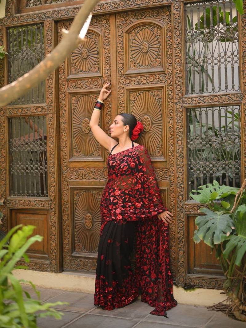 Black & red faux georgette floral sequins embroidered saree with mono silk blouse