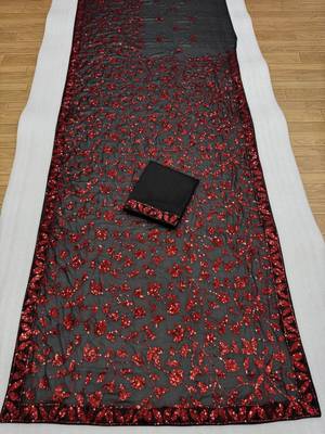 Black & red faux georgette floral sequins embroidered saree with mono silk blouse 4