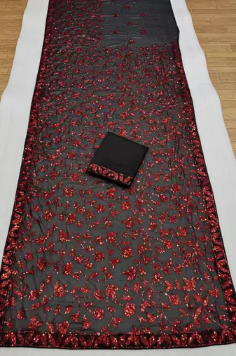 Black & red faux georgette floral sequins embroidered saree with mono silk blouse
