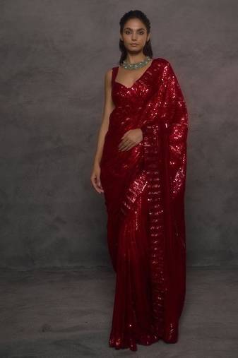 Red faux georgette heavy sequins embroidered party wear saree with embroidered blouse