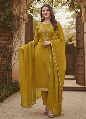 yellow weaved chanderi modal unstitched dress material  3
