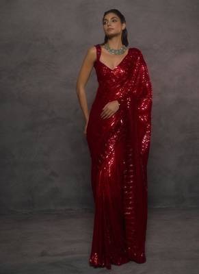 Red faux georgette heavy sequins embroidered party wear saree with embroidered blouse 3