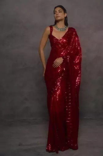 Red faux georgette heavy sequins embroidered party wear saree with embroidered blouse