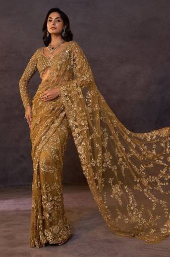 Olive gold butterfly net heavy sequins embroidered saree with embroidered net blouse