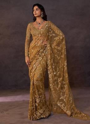 Olive gold butterfly net heavy sequins embroidered saree with embroidered net blouse 2